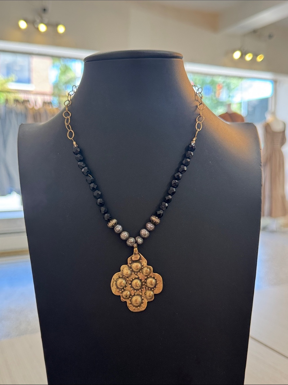 Handcrafted Black Beaded Necklace with Antique Gold Filled Pendant